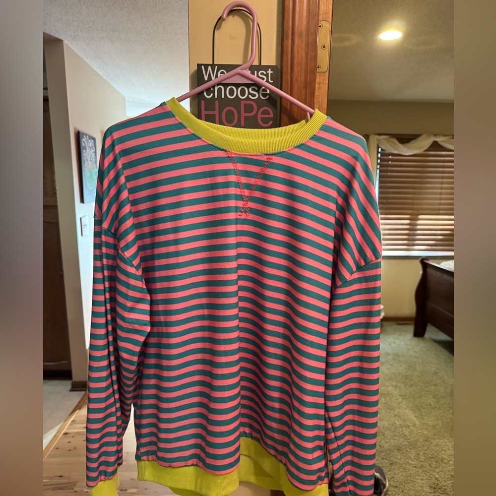 Striped Pink and Blue Sweatshirt with Yellow Trim